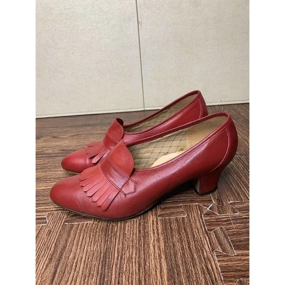 Shoes Vintage 196s Loafer Heel Oxford Style Red Fringe Size 75